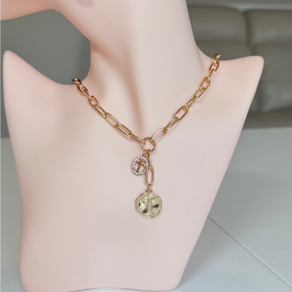 Gold Chain Link Necklace with Cross Coin Pendant